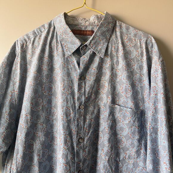 Tori Richard Shirt Mens XL Blue Cotton Button Up Short Sleeve Geometric Hawaiian - Picture 2 of 14